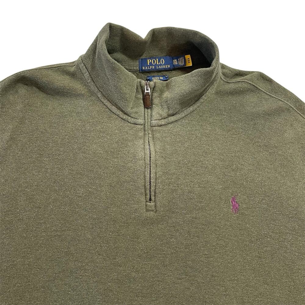Polo Ralph Lauren 1/4 Zip Sweater Mens XXL Olive Green Estate Rib Purple Pony